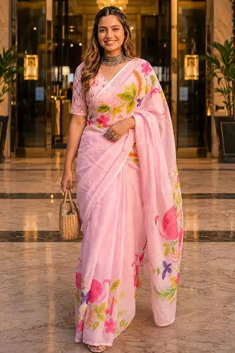 Pink colour leaf digital printed linen cotton saree