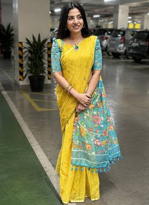 Yellow colour leaf digital printed linen cotton saree with jhalar 4