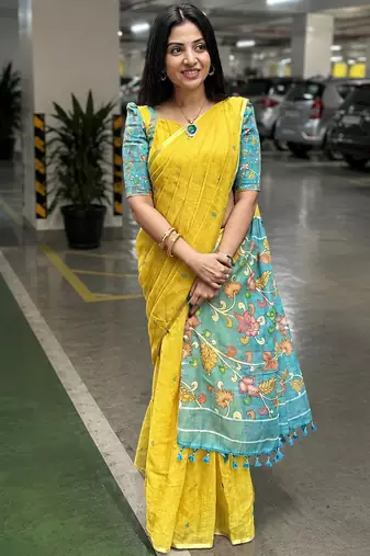 Yellow colour leaf digital printed linen cotton saree with jhalar