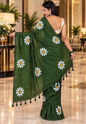 Green colour leaf digital printed linen cotton saree with jhalar 3