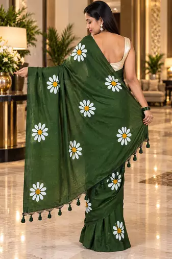 Green colour leaf digital printed linen cotton saree with jhalar