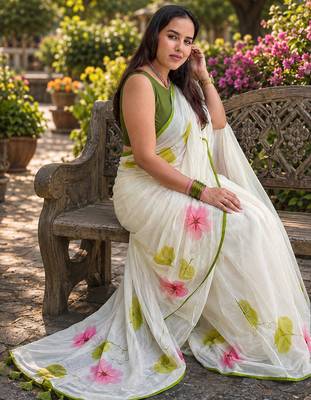 White colour leaf digital printed linen cotton saree 4