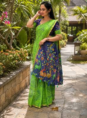 Green colour leaf digital printed linen cotton saree with jhalar 4