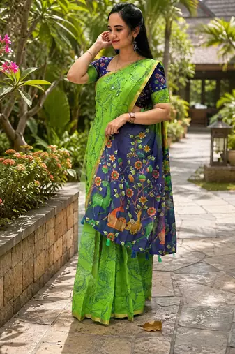 Green colour leaf digital printed linen cotton saree with jhalar