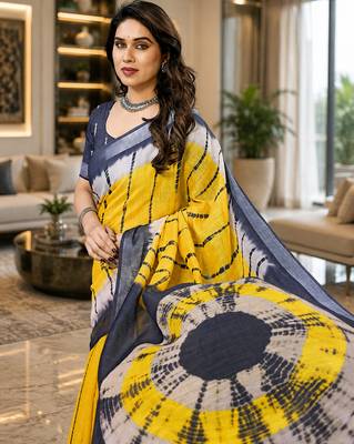 Yellow colour leaf digital printed linen cotton saree 4