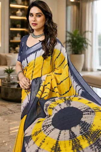 Yellow colour leaf digital printed linen cotton saree