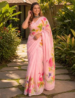 Pink colour leaf digital printed linen cotton saree 5