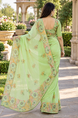 Green colour leaf digital printed linen cotton saree 3
