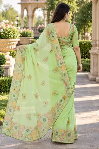 Green colour leaf digital printed linen cotton saree