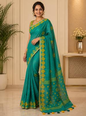 Green colour leaf digital printed linen cotton saree with jhalar 3