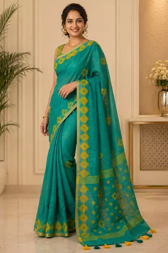 Green colour leaf digital printed linen cotton saree with jhalar