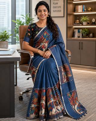 Grey colour leaf digital printed linen cotton saree 4
