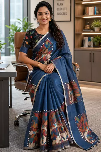 Grey colour leaf digital printed linen cotton saree