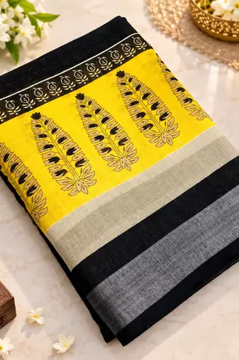 Black colour leaf digital printed linen cotton saree
