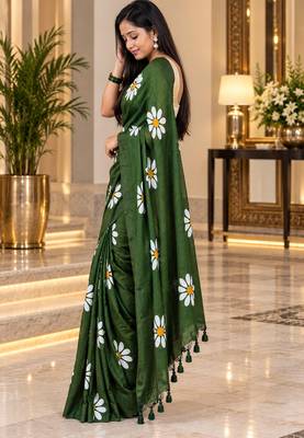 Green colour leaf digital printed linen cotton saree with jhalar 4