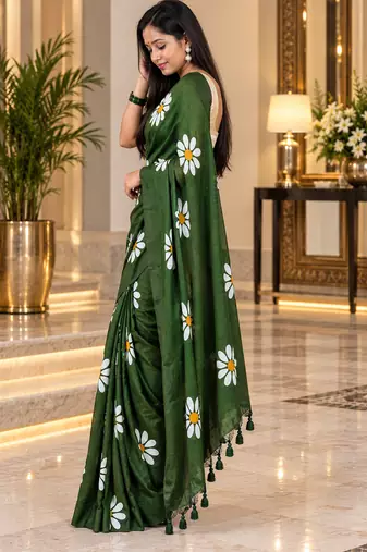 Green colour leaf digital printed linen cotton saree with jhalar