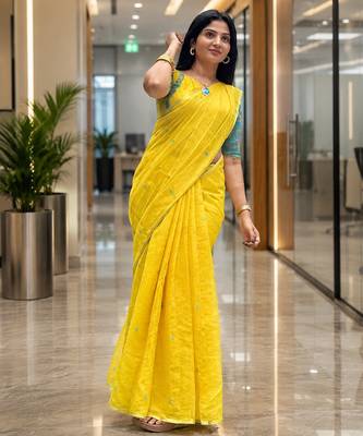 Yellow colour leaf digital printed linen cotton saree with jhalar 5