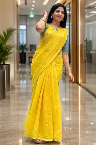 Yellow colour leaf digital printed linen cotton saree with jhalar