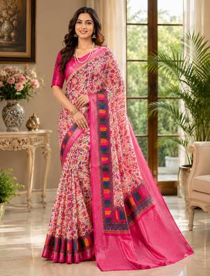 Multicolour colour leaf digital printed linen cotton saree 5