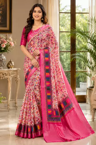 Multicolour colour leaf digital printed linen cotton saree
