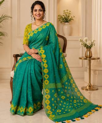 Green colour leaf digital printed linen cotton saree with jhalar 4
