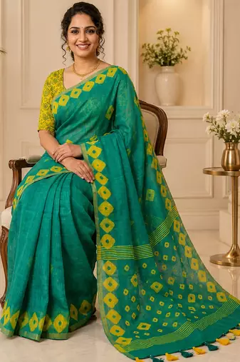 Green colour leaf digital printed linen cotton saree with jhalar