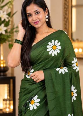 Green colour leaf digital printed linen cotton saree with jhalar 5