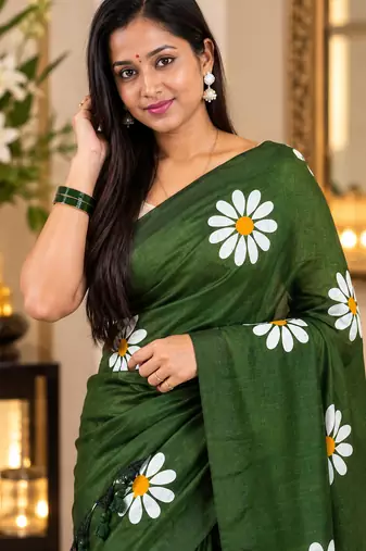 Green colour leaf digital printed linen cotton saree with jhalar