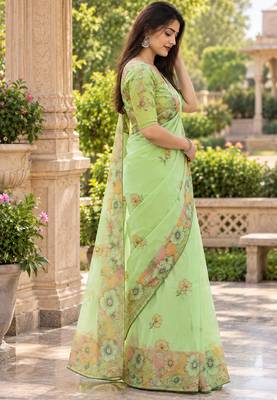Green colour leaf digital printed linen cotton saree 4