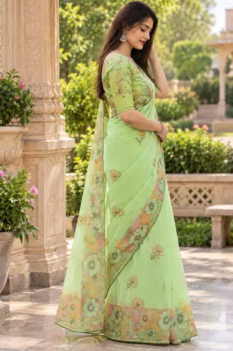 Green colour leaf digital printed linen cotton saree
