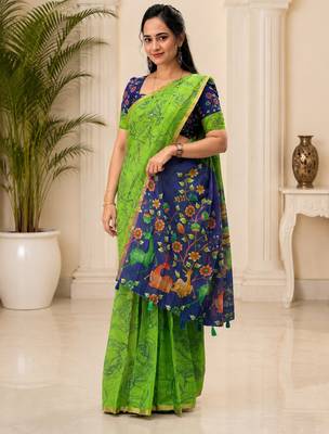 Green colour leaf digital printed linen cotton saree with jhalar 5