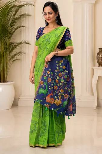 Green colour leaf digital printed linen cotton saree with jhalar