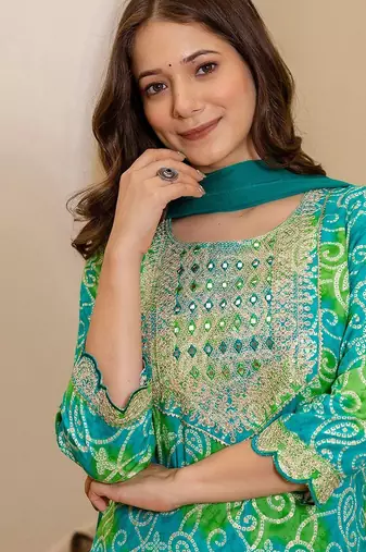 bandhani printed round neck mirror work straight kurta with trousers & dupatta