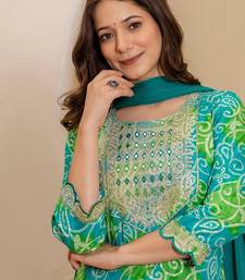 Bandhani Printed Round Neck Mirror Work Straight Kurta With Trousers & Dupatta