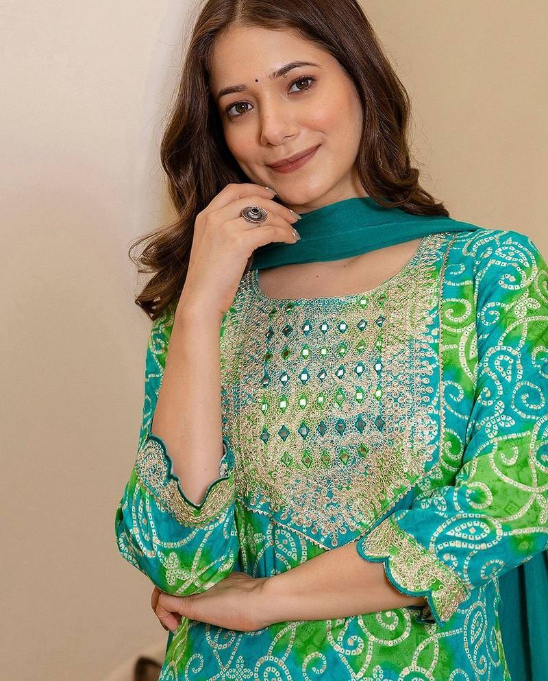 Bandhani Printed Round Neck Mirror Work Straight Kurta With Trousers & Dupatta