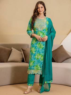 Bandhani Printed Round Neck Mirror Work Straight Kurta With Trousers & Dupatta 1
