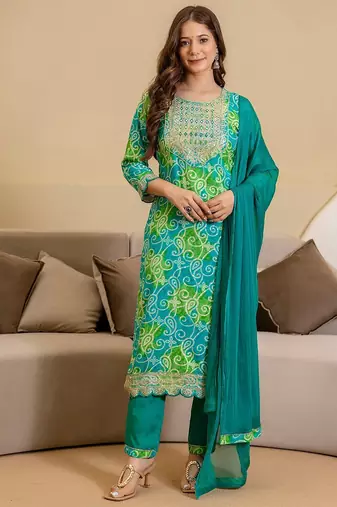bandhani printed round neck mirror work straight kurta with trousers & dupatta