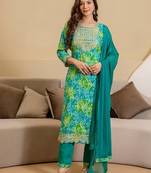 Bandhani Printed Round Neck Mirror Work Straight Kurta With Trousers & Dupatta