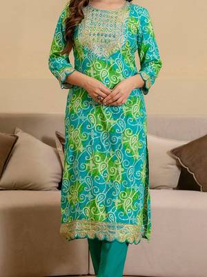 Bandhani Printed Round Neck Mirror Work Straight Kurta With Trousers & Dupatta 3