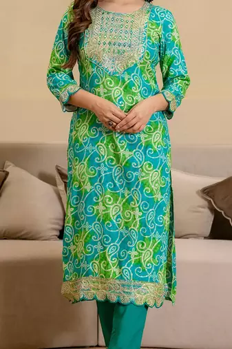 bandhani printed round neck mirror work straight kurta with trousers & dupatta