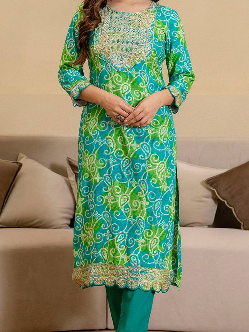 Bandhani Printed Round Neck Mirror Work Straight Kurta With Trousers & Dupatta