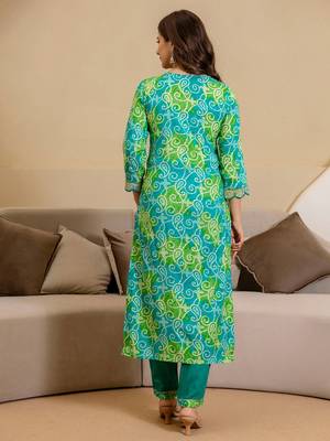 Bandhani Printed Round Neck Mirror Work Straight Kurta With Trousers & Dupatta 4