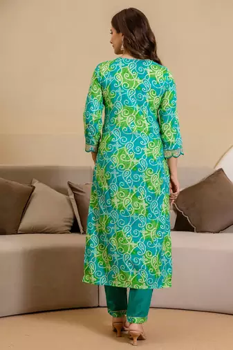 bandhani printed round neck mirror work straight kurta with trousers & dupatta
