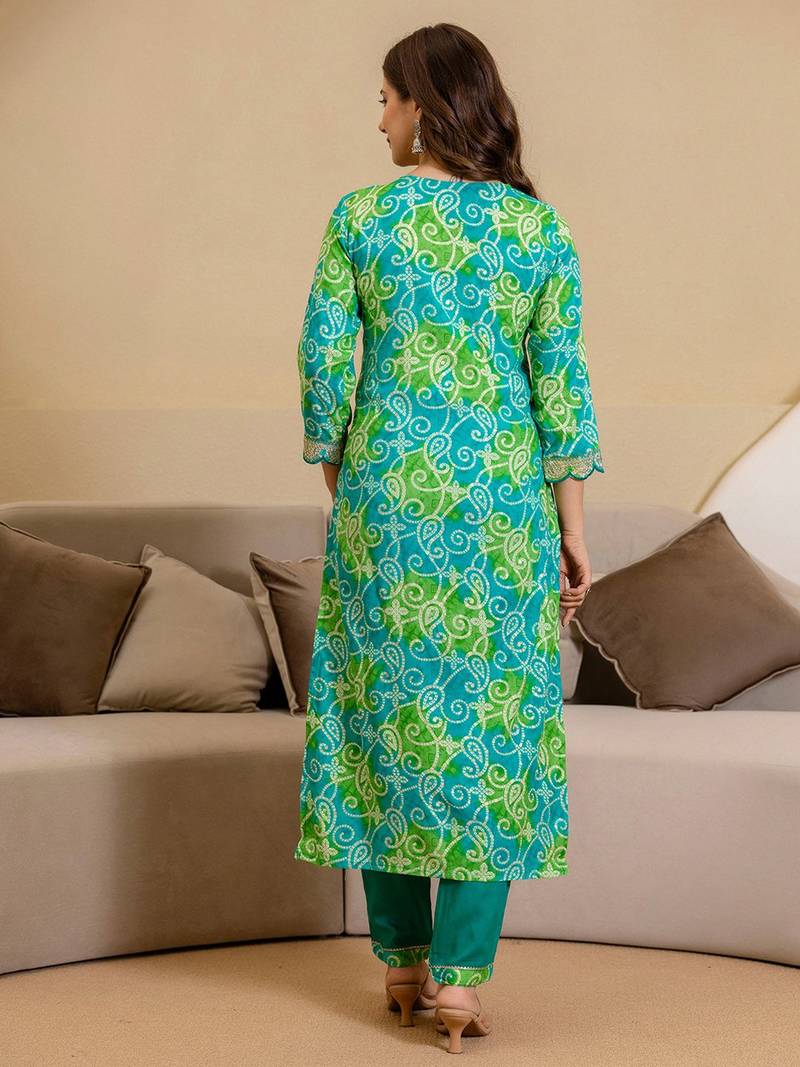 Bandhani Printed Round Neck Mirror Work Straight Kurta With Trousers & Dupatta