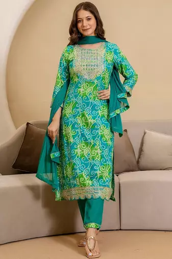 bandhani printed round neck mirror work straight kurta with trousers & dupatta