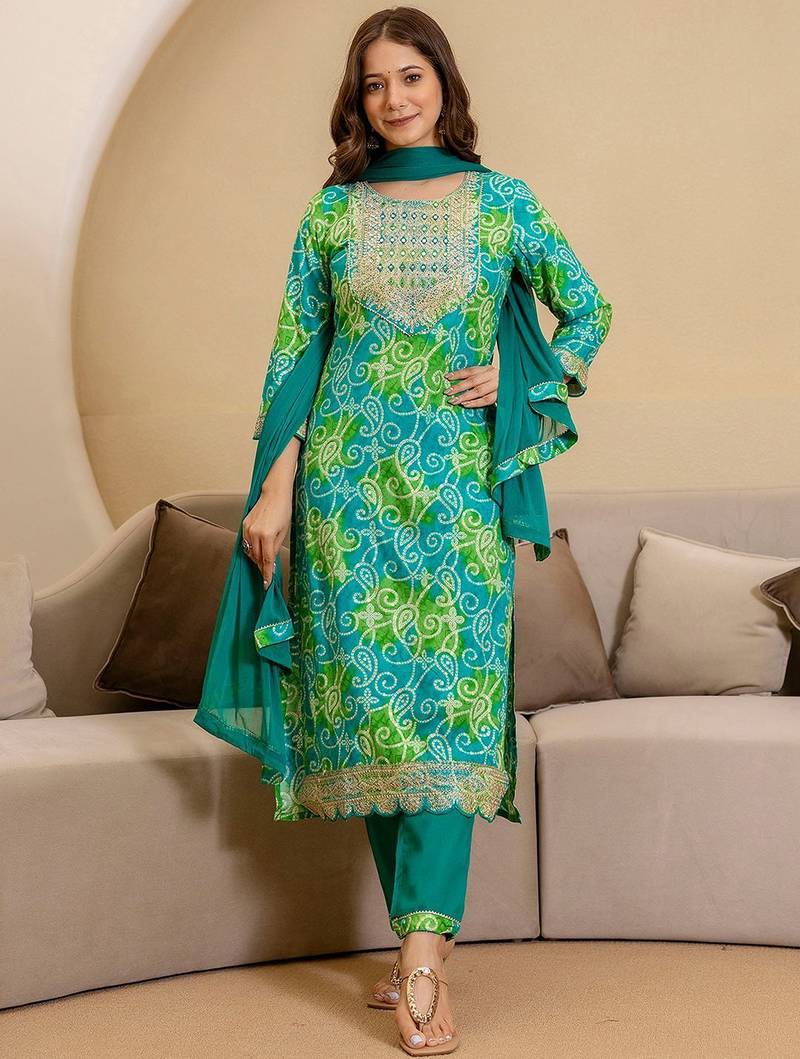 Bandhani Printed Round Neck Mirror Work Straight Kurta With Trousers & Dupatta