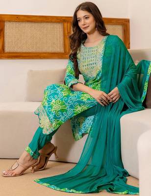 Bandhani Printed Round Neck Mirror Work Straight Kurta With Trousers & Dupatta 6