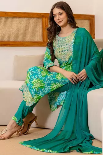 bandhani printed round neck mirror work straight kurta with trousers & dupatta
