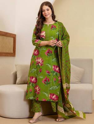 Women Floral Printed Round Neck Straight Kurta with Trousers & Dupatta 1
