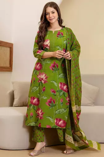 women floral printed round neck straight kurta with trousers & dupatta